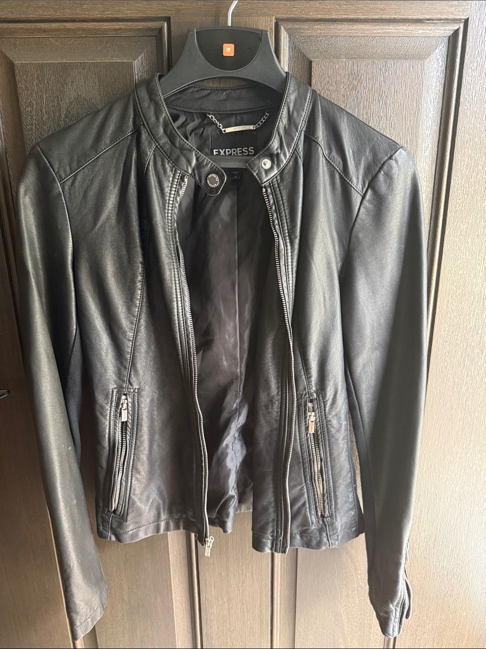Express Women's Black Leather Zip-Front Moto Jacket